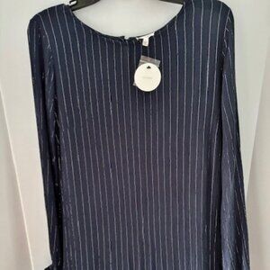 NWT En Creme Size L Navy Blue Silver Tinsel Striped Dress Long Sleeve Key Hole